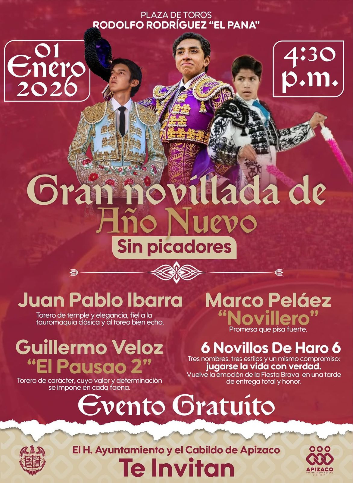 El Ayuntamiento de Apizaco invita a la Gran Novillada de Año Nuevo